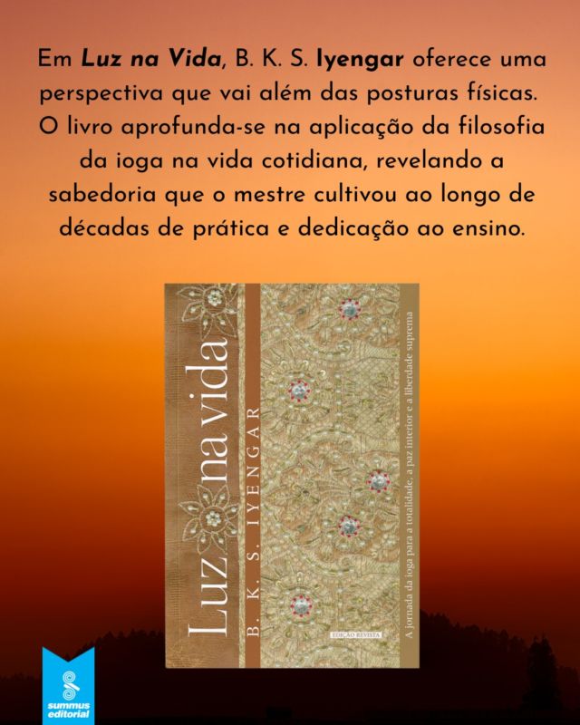 Luz na Vida: o legado atemporal de B. K. S. Iyengar. Considerado o maior mestre de hata-ioga do planeta, Iyengar criou um método que permite a todos – inclusive idosos, pessoas com deficiência ou que sofrem de doenças crônicas – praticar ioga e recuperar ou aprimorar a saúde. Seus ensinamentos não têm nada de dogmáticos: usando de sabedoria, simplicidade e experiência, ele mostra como atingir a paz interior por meio da ação, da reflexão e do autoconhecimento. Obra imprescindível para os que buscam qualidade de vida.
#bskiyengar #yoga #ioga #corpoemente #summuseditorial #iyengar #iyengaryoga #meditação #yogabrasil #iyengarbrasil #iogabrasil